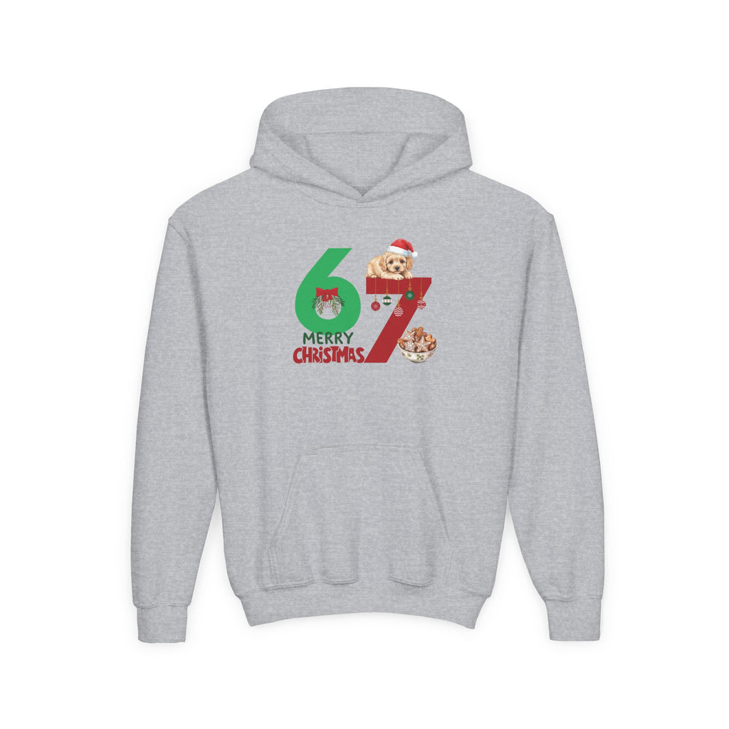 Youth Christmas Hoodie "67 Merry Christmas" Cute Santa Puppy Design