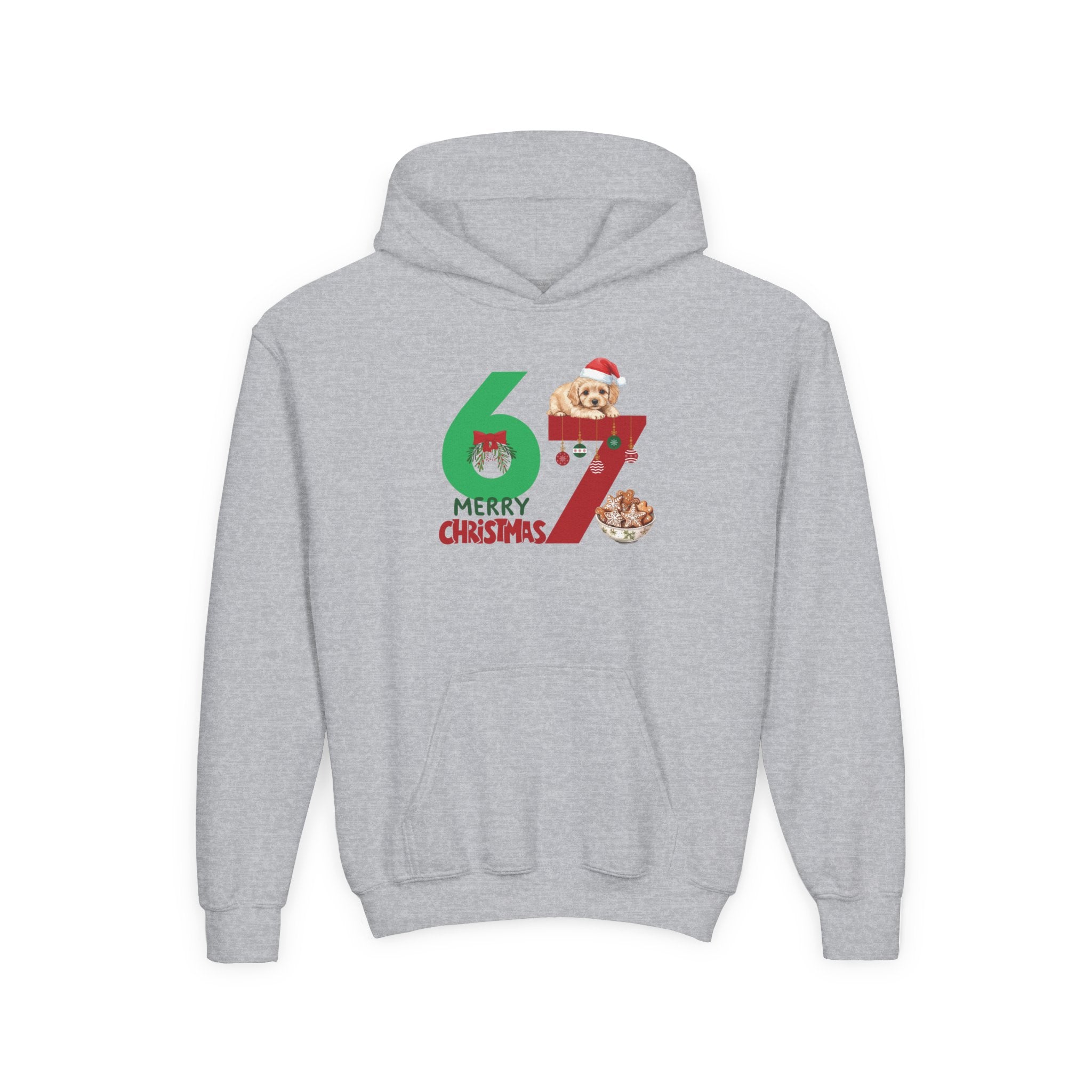 Youth Christmas Hoodie "67 Merry Christmas" Cute Santa Puppy Design