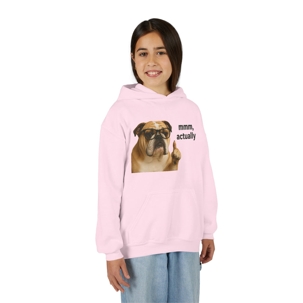 Youth Hoodie — Funny Bulldog “mmm, actually” Graphic Sweatshirt