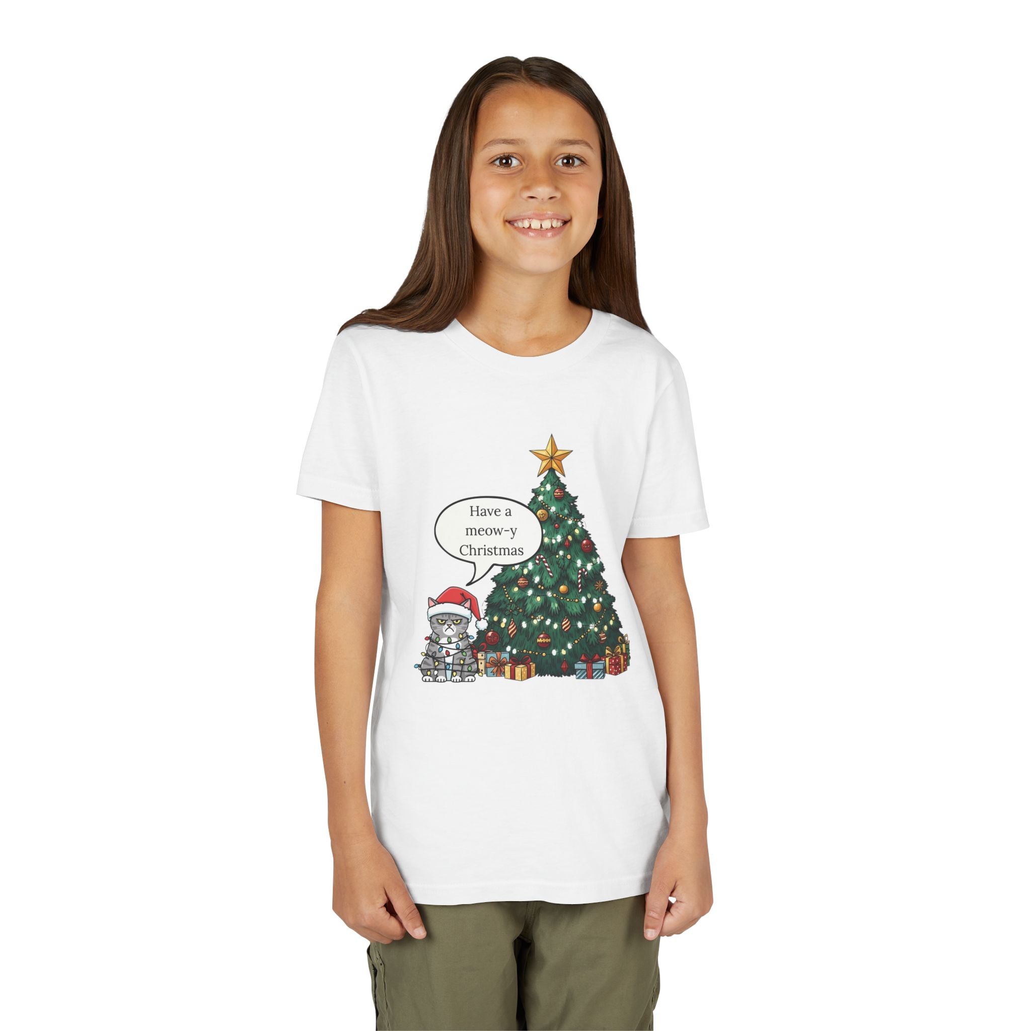 Youth Tee — "Have a Meowy Christmas" Cat & Christmas Tree Holiday Shirt