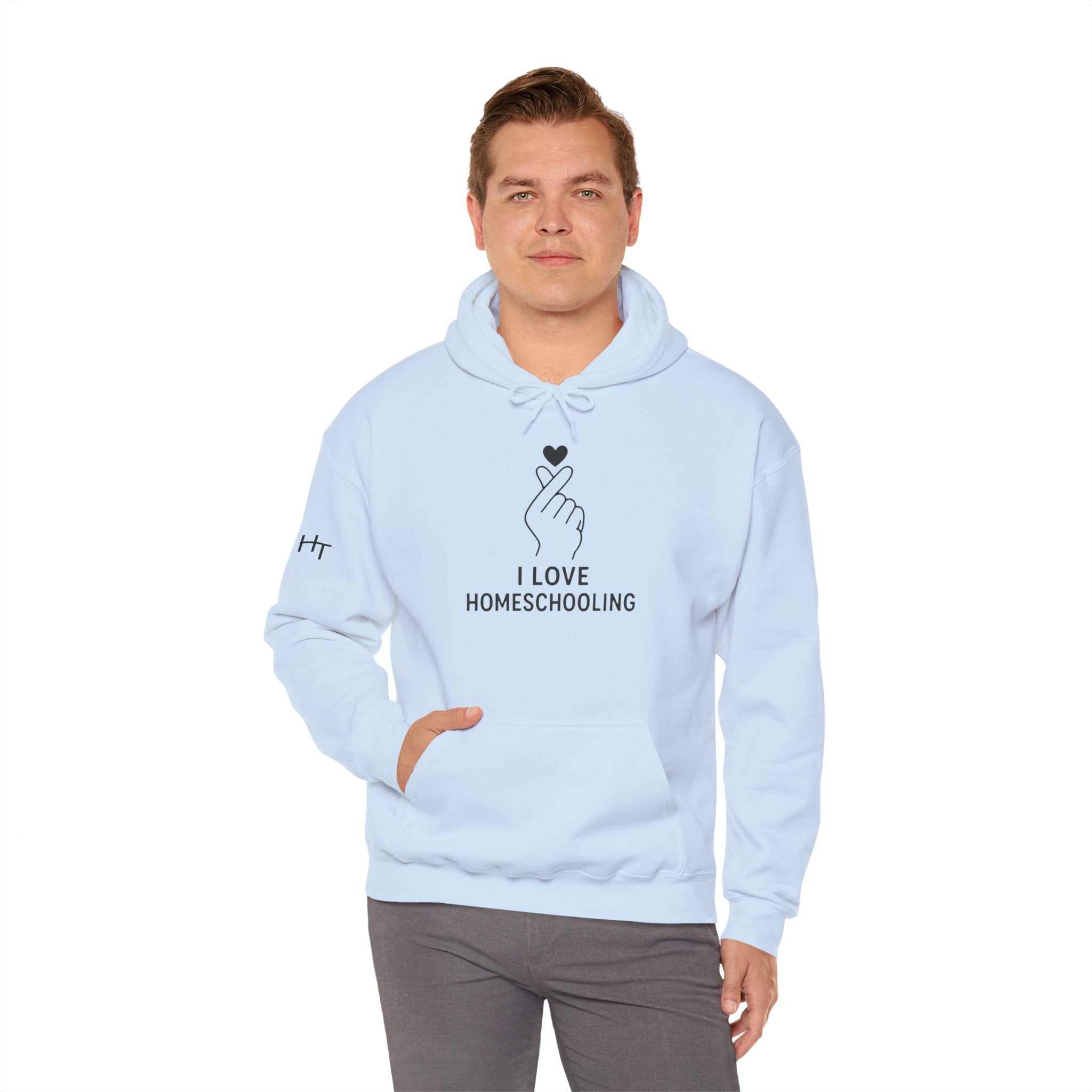 I Love Homeschooling Adult Hoodie — Minimal Heart Finger Design for Homeschool Students/Parents
