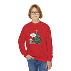 Youth Sweatshirt — Cute Kitty in Santa Hat Next to Decorated Christmas Tree (“Have a Meowy Christmas”)