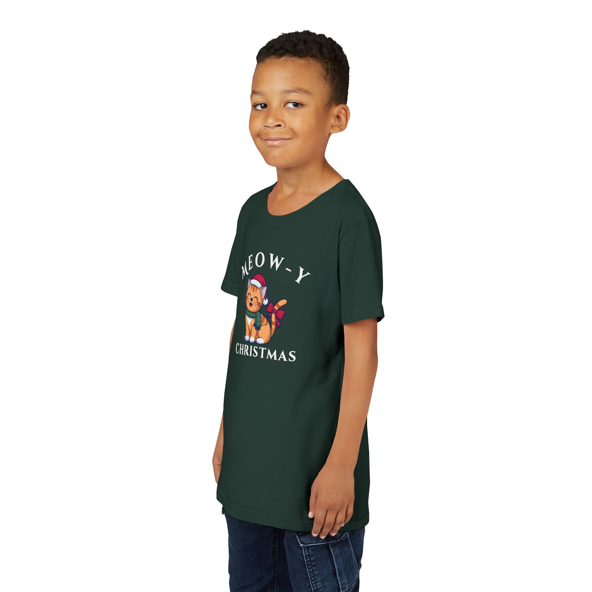 Youth Tee - "Meow-y Christmas" Cute Cat Kids Holiday T-Shirt