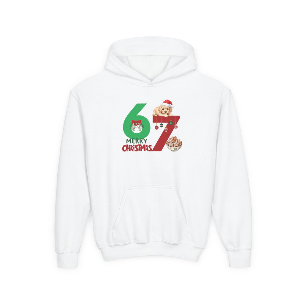 Youth Christmas Hoodie "67 Merry Christmas" Cute Santa Puppy Design