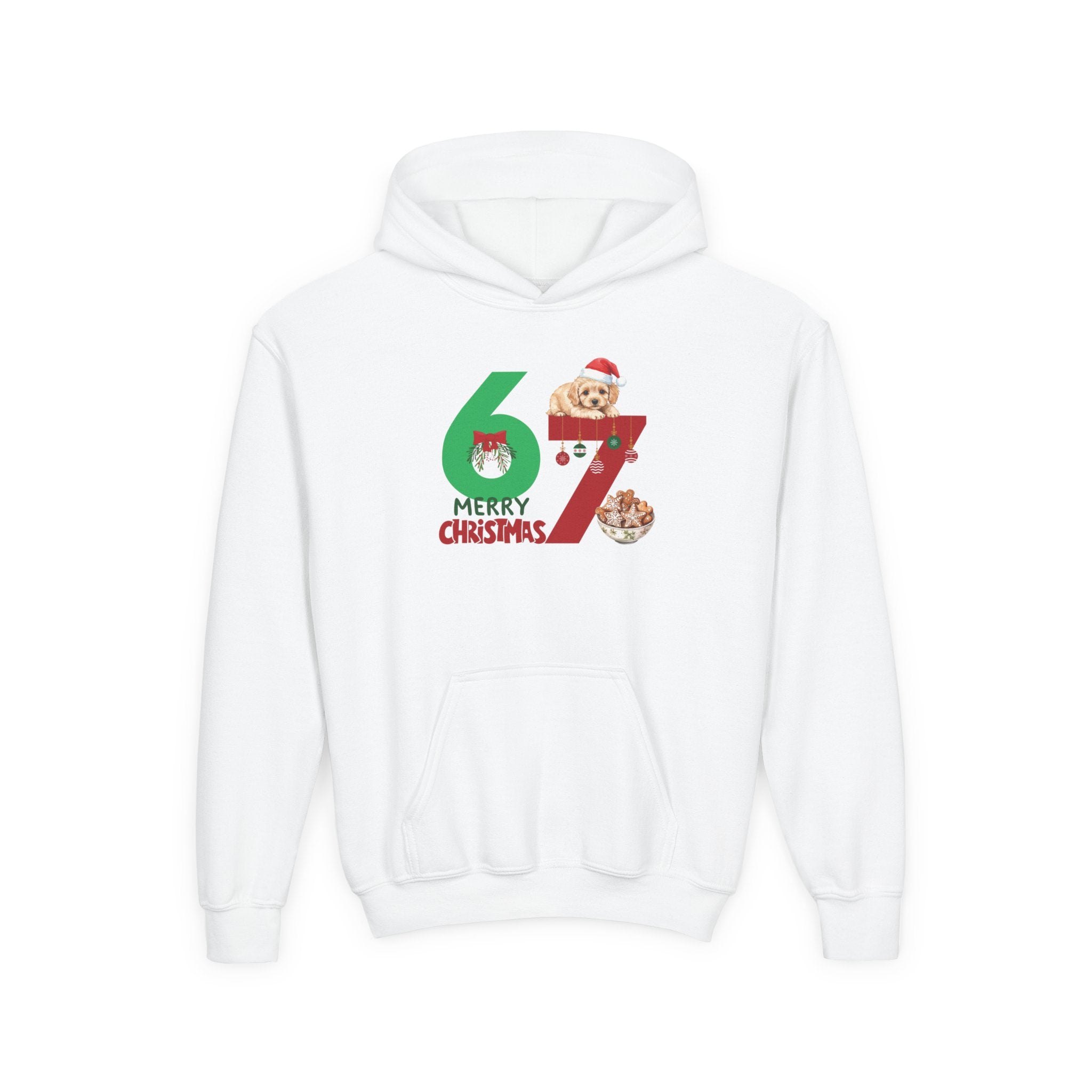 Youth Christmas Hoodie "67 Merry Christmas" Cute Santa Puppy Design