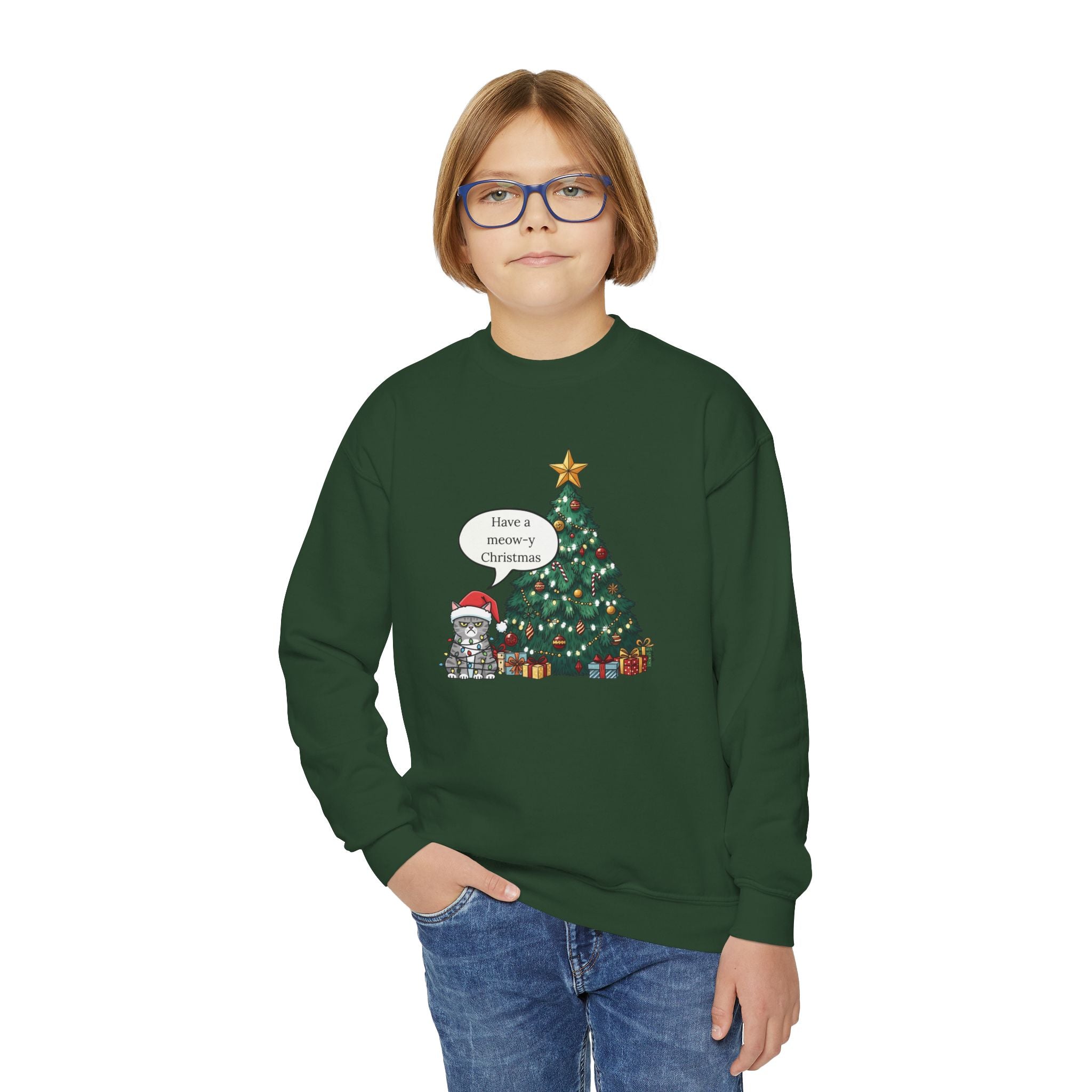 Youth Sweatshirt — Cute Kitty in Santa Hat Next to Decorated Christmas Tree (“Have a Meowy Christmas”)