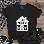 Eat Sleep School Repeat T-Shirt — Women’s Casual Graphic Tee for Homeschoolers
