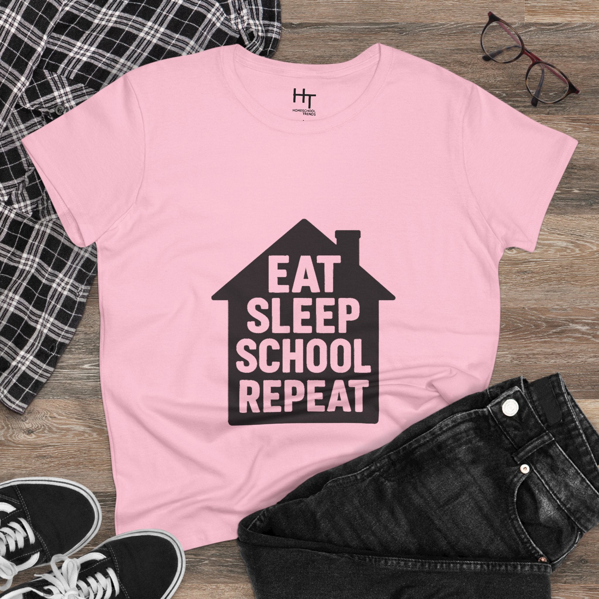 Eat Sleep School Repeat T-Shirt — Women’s Casual Graphic Tee for Homeschoolers