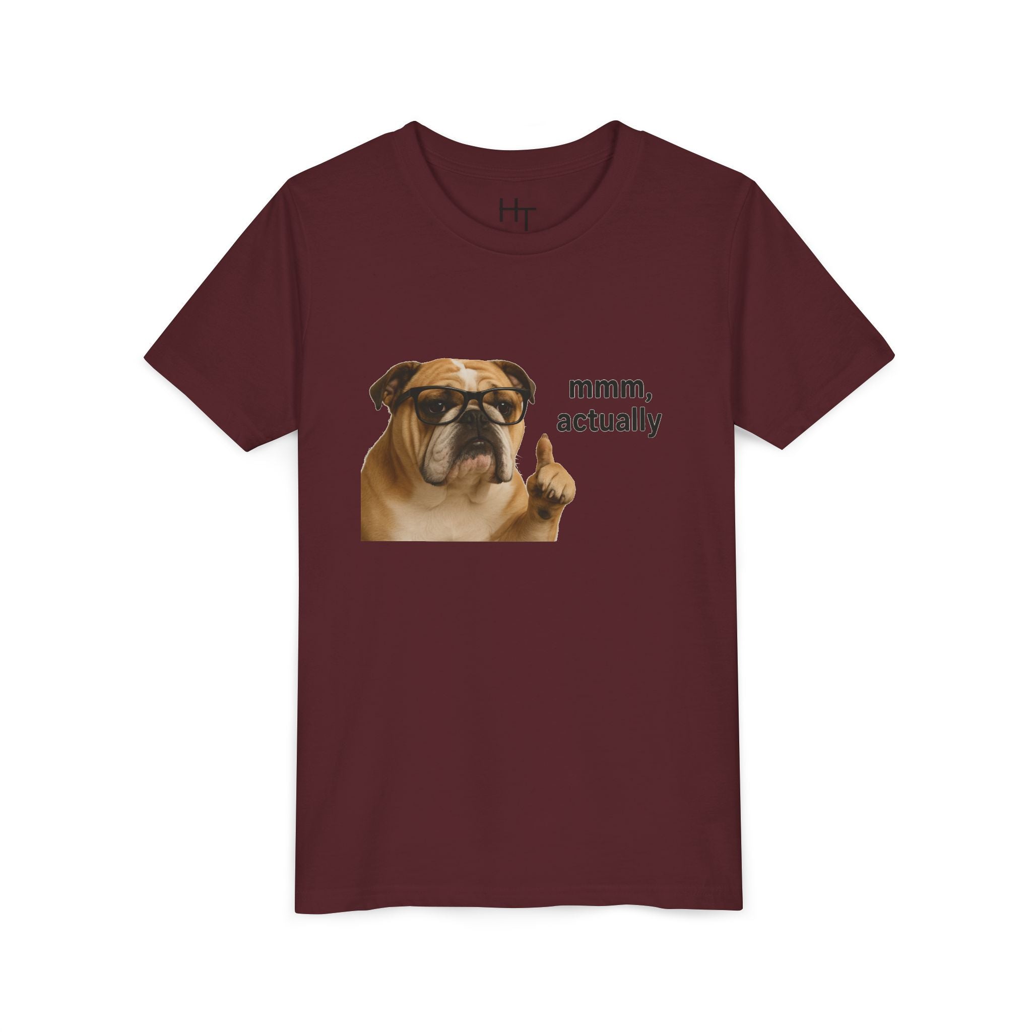 Youth Tee — Funny Bulldog Graphic “mmm, actually” Kids Shirt