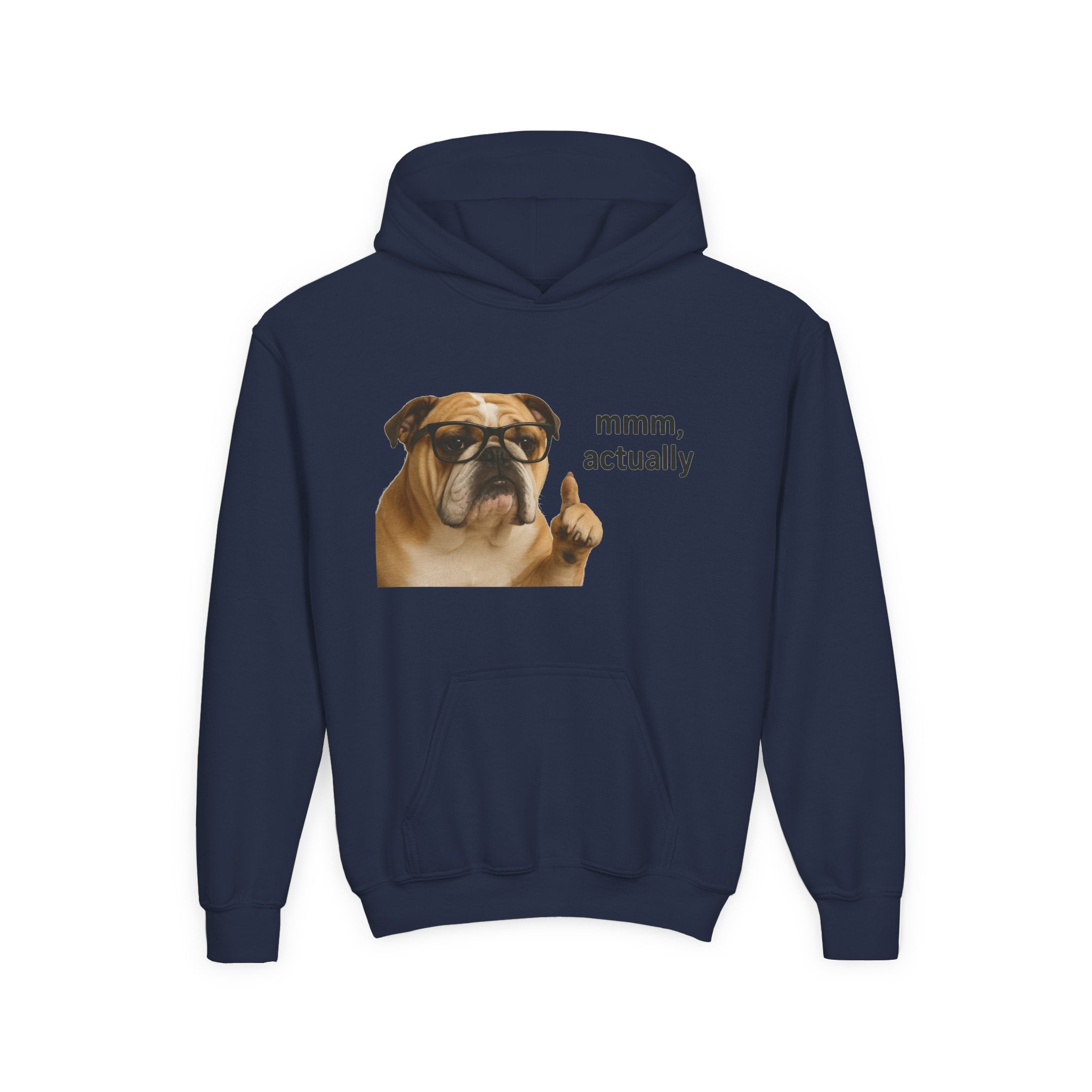 Youth Hoodie — Funny Bulldog “mmm, actually” Graphic Sweatshirt