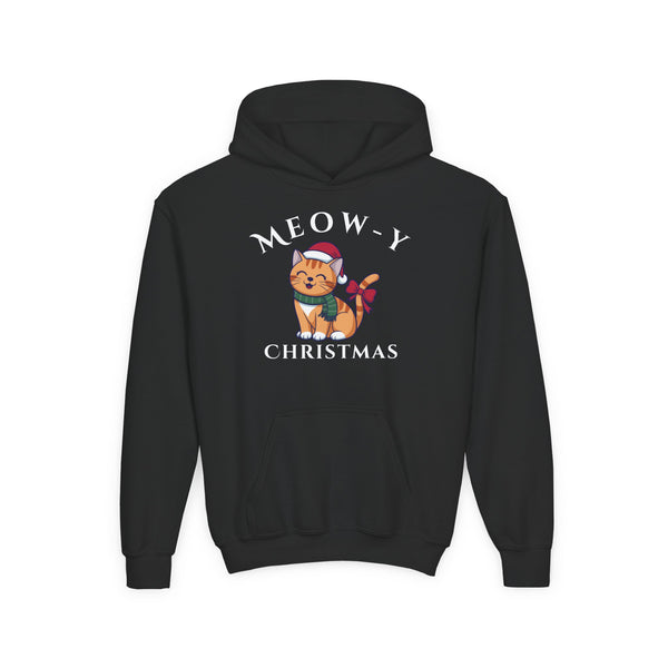 Meowy Christmas Youth Hoodie — Cute Cat Santa Holiday Sweatshirt