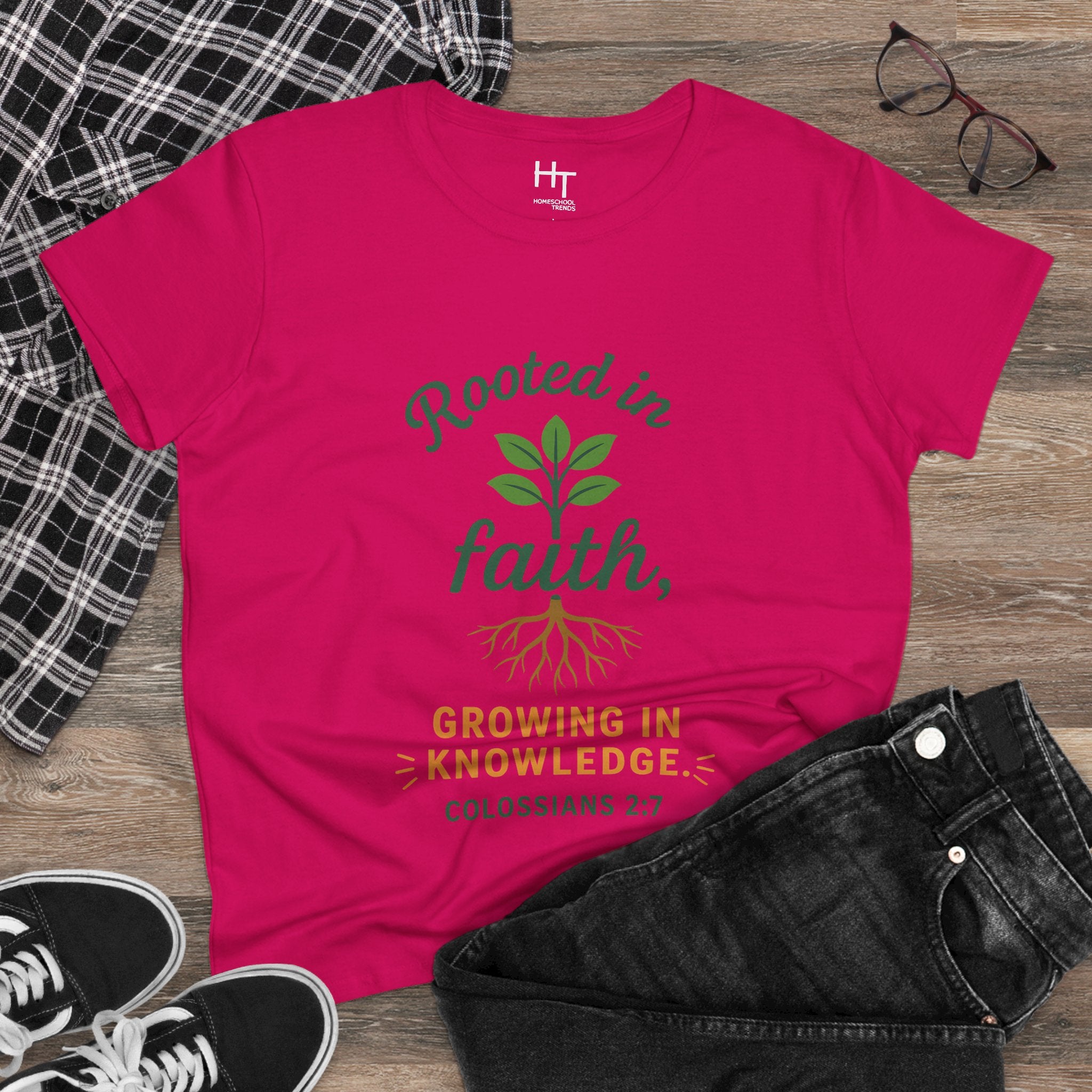 Rooted in Faith Women's Tee — "Growing in Knowledge" Colossians 2:7 Christian T-Shirt
