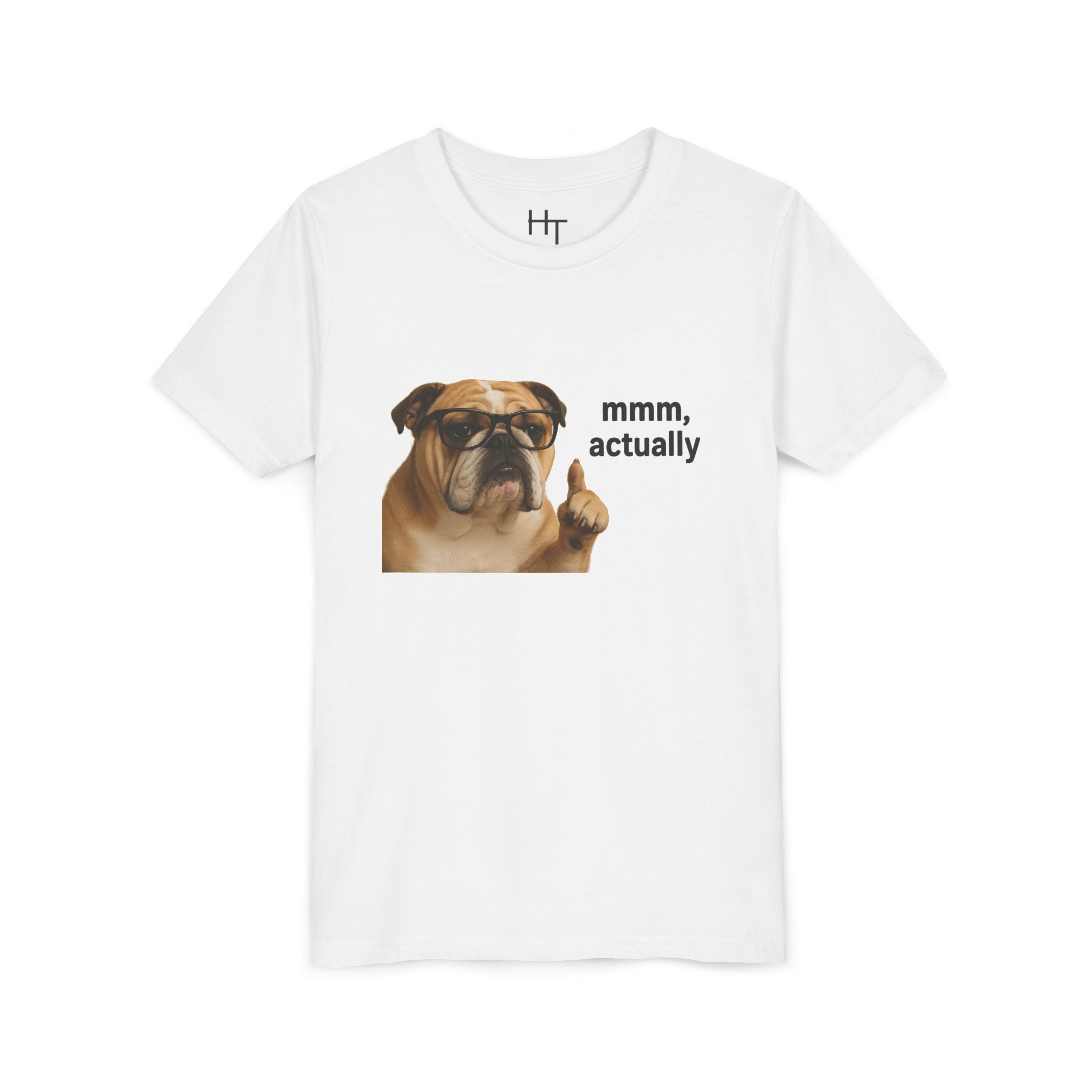 Youth Tee — Funny Bulldog Graphic “mmm, actually” Kids Shirt