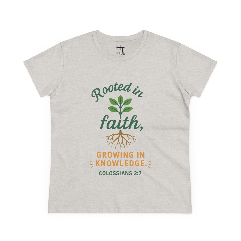 Rooted in Faith Women's Tee — "Growing in Knowledge" Colossians 2:7 Christian T-Shirt