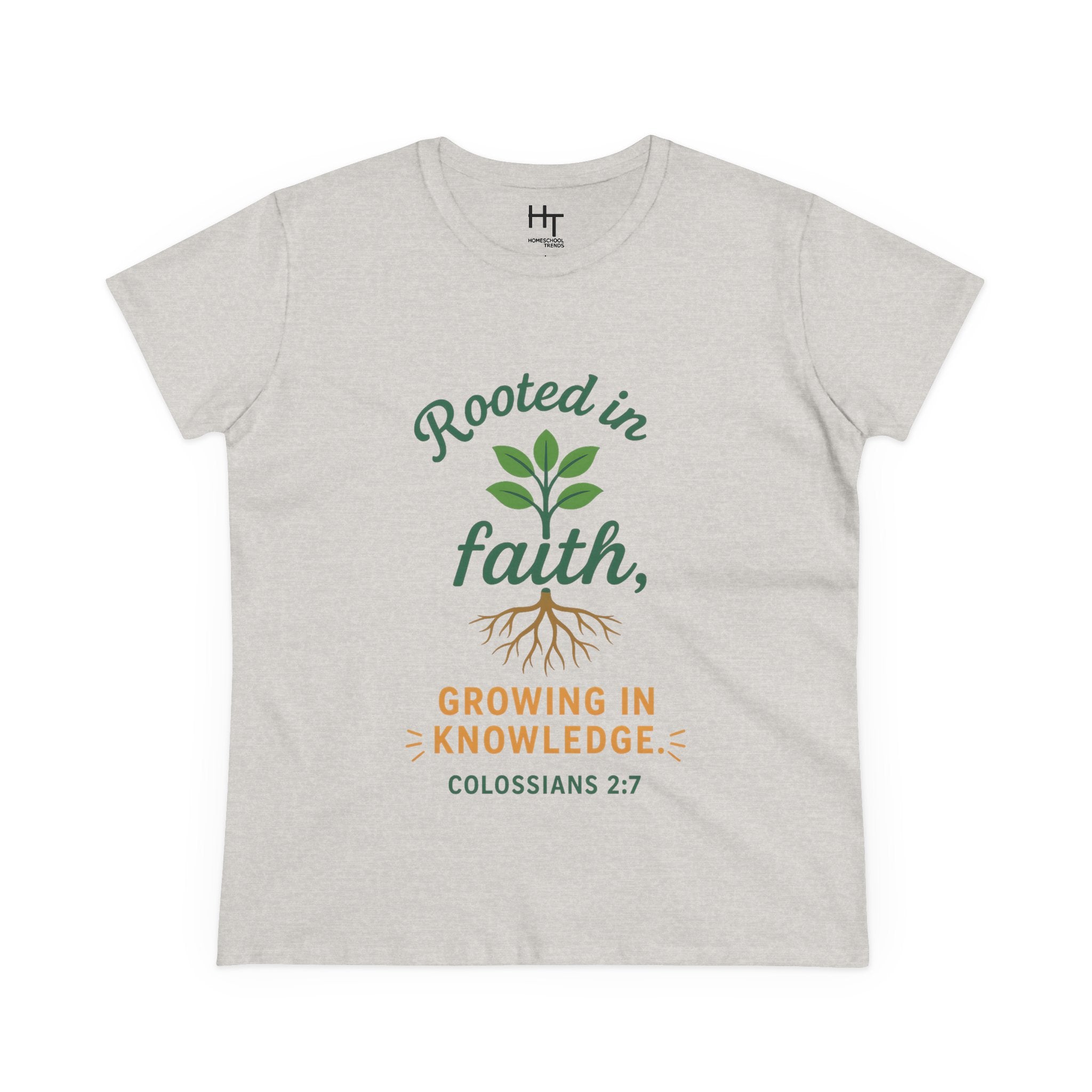 Rooted in Faith Women's Tee — "Growing in Knowledge" Colossians 2:7 Christian T-Shirt
