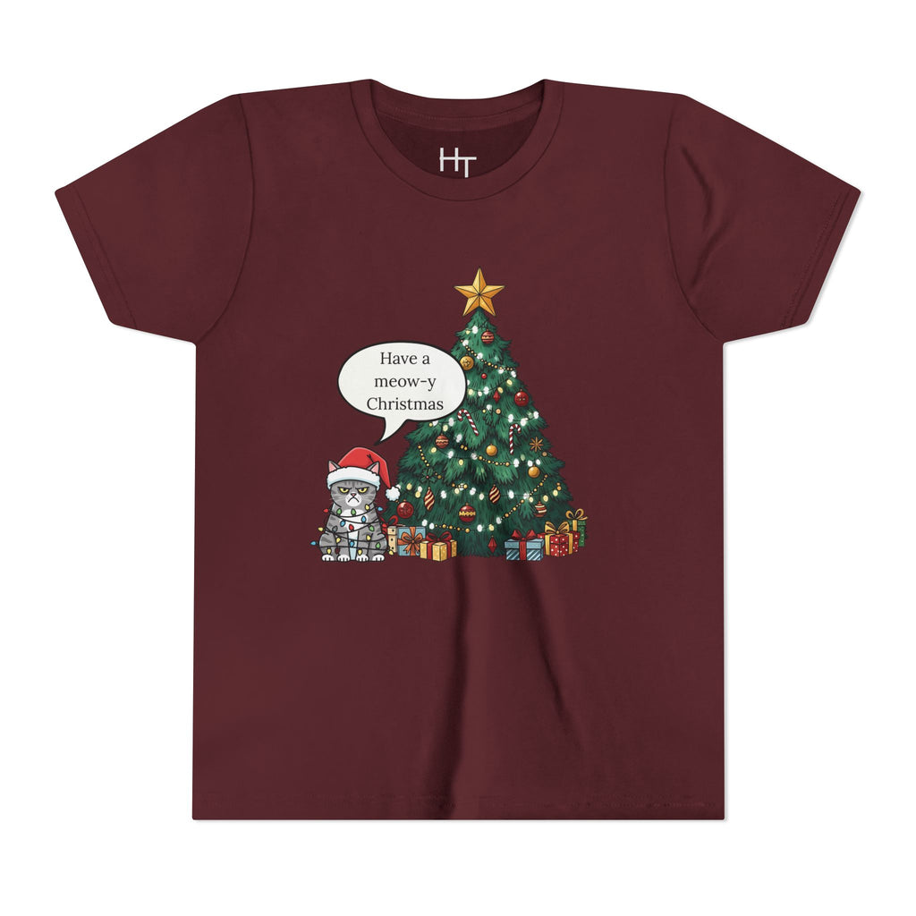 Youth Tee — "Have a Meowy Christmas" Cat & Christmas Tree Holiday Shirt