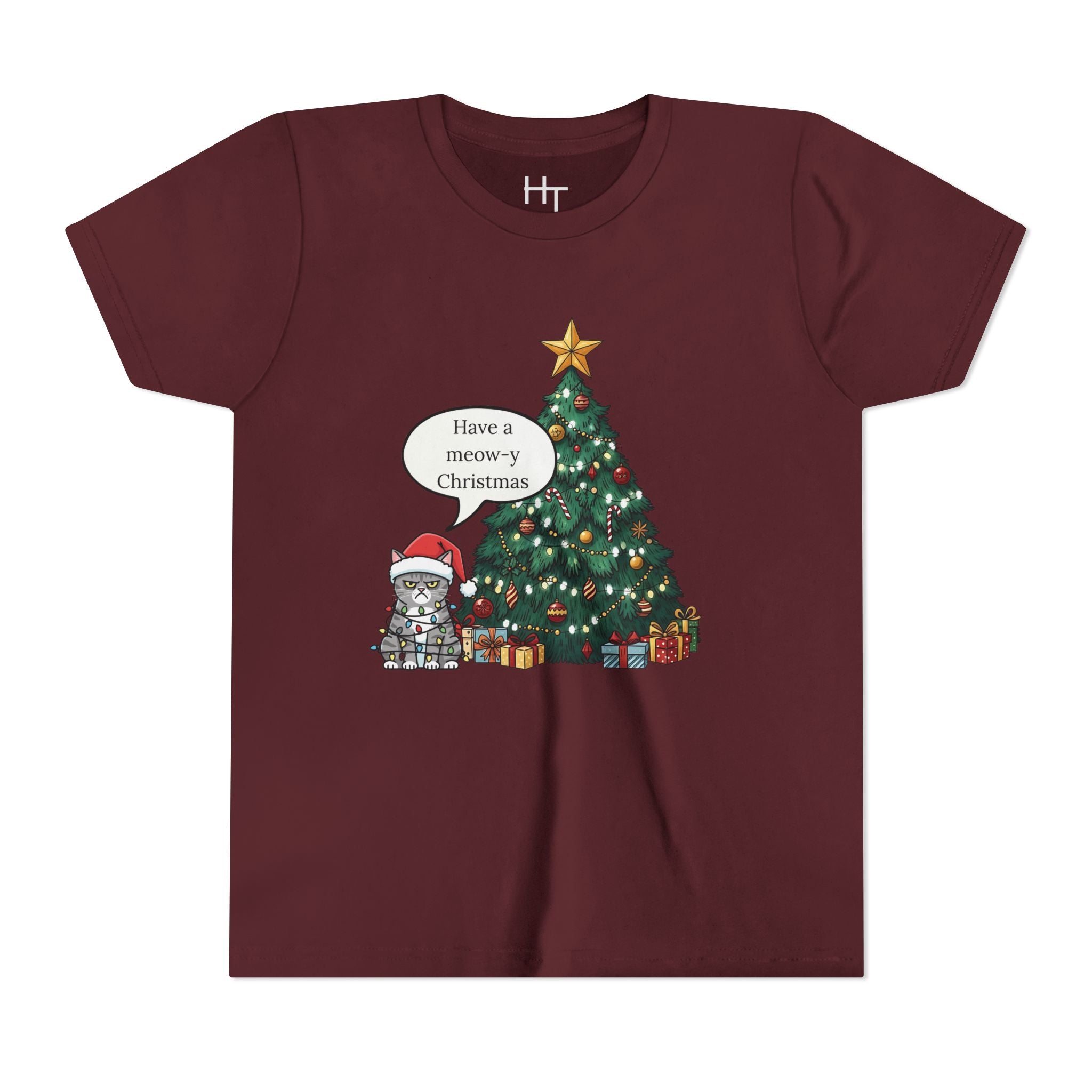 Youth Tee — "Have a Meowy Christmas" Cat & Christmas Tree Holiday Shirt