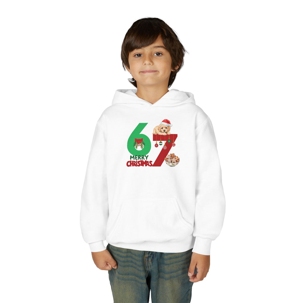 Youth Christmas Hoodie "67 Merry Christmas" Cute Santa Puppy Design