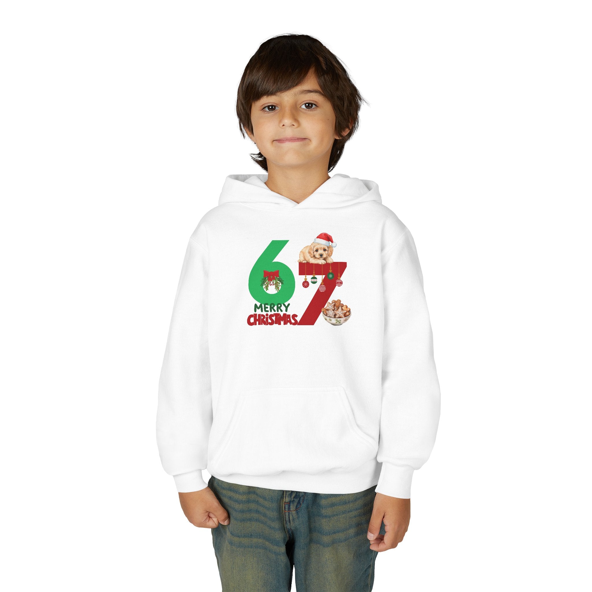 Youth Christmas Hoodie "67 Merry Christmas" Cute Santa Puppy Design