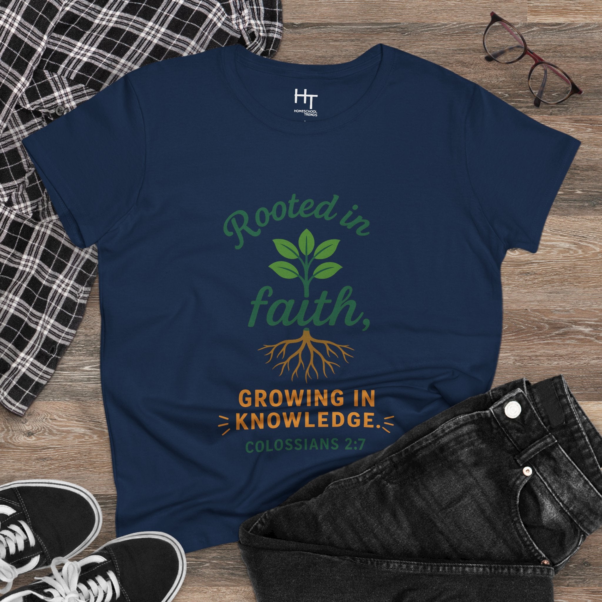 Rooted in Faith Women's Tee — "Growing in Knowledge" Colossians 2:7 Christian T-Shirt