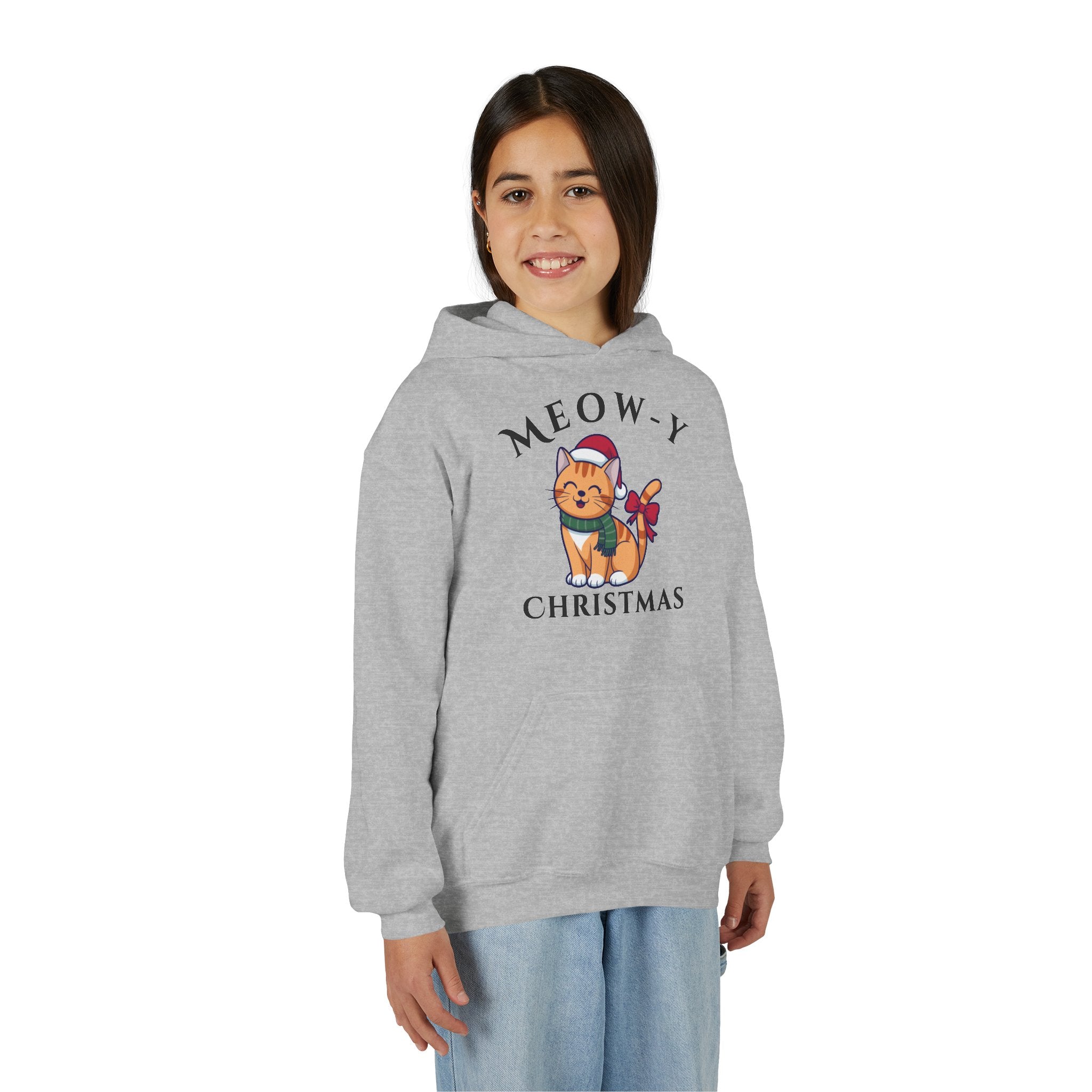 Meowy Christmas Youth Hoodie — Cute Cat Santa Holiday Sweatshirt