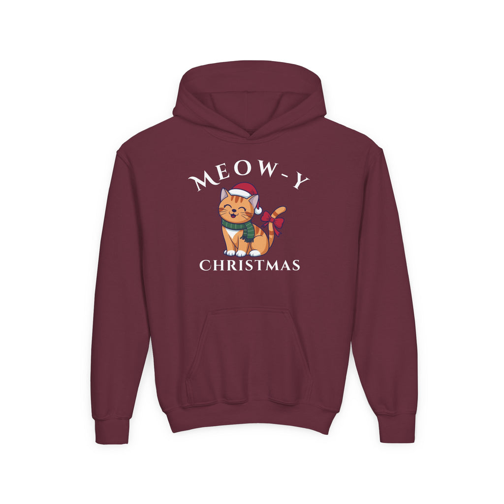 Meowy Christmas Youth Hoodie — Cute Cat Santa Holiday Sweatshirt