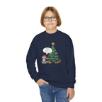 Youth Sweatshirt — Cute Kitty in Santa Hat Next to Decorated Christmas Tree (“Have a Meowy Christmas”)