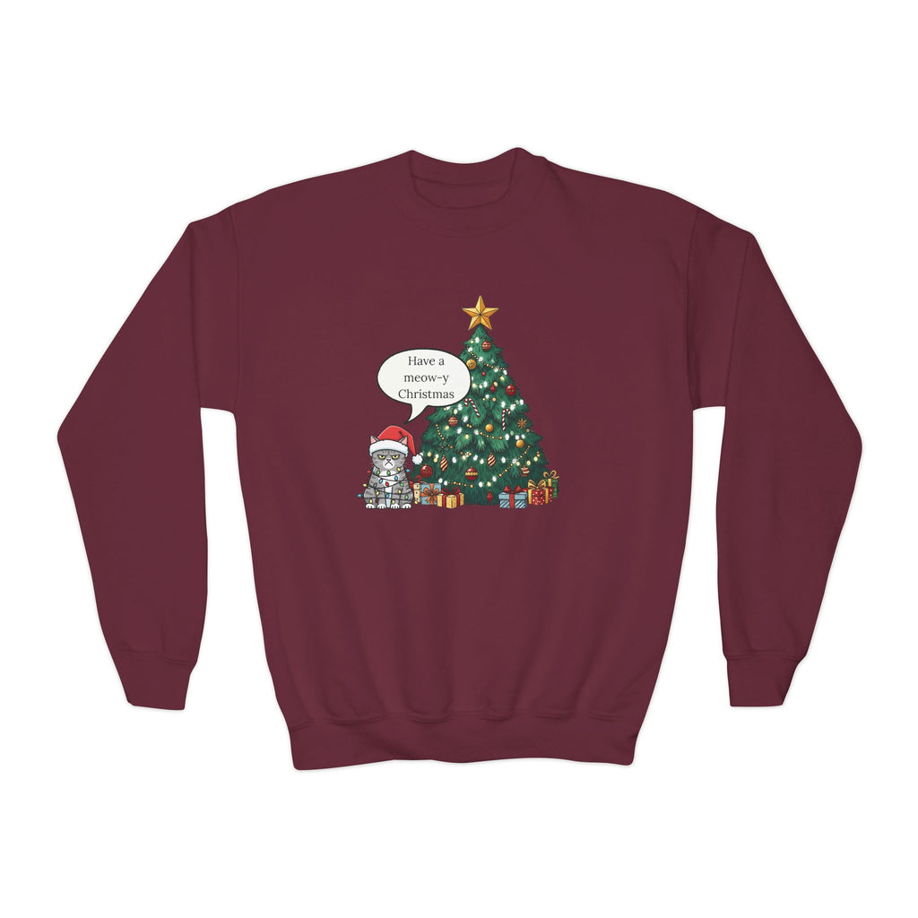 Youth Sweatshirt — Cute Kitty in Santa Hat Next to Decorated Christmas Tree (“Have a Meowy Christmas”)