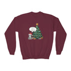 Youth Sweatshirt — Cute Kitty in Santa Hat Next to Decorated Christmas Tree (“Have a Meowy Christmas”)