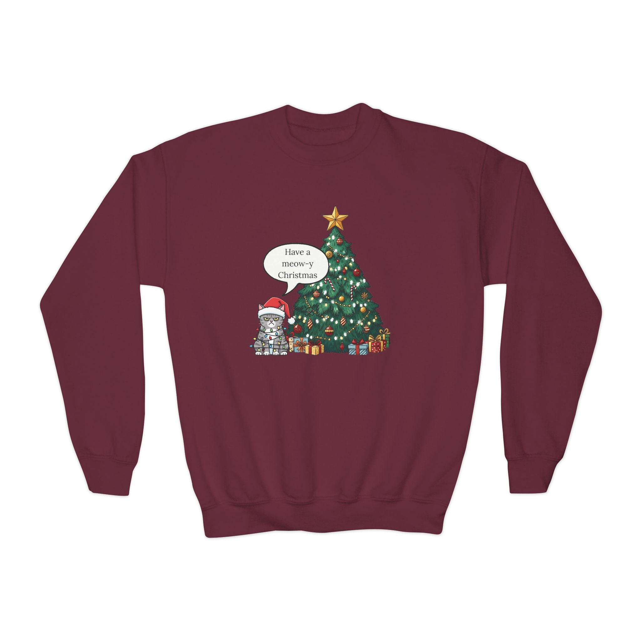 Youth Sweatshirt — Cute Kitty in Santa Hat Next to Decorated Christmas Tree (“Have a Meowy Christmas”)