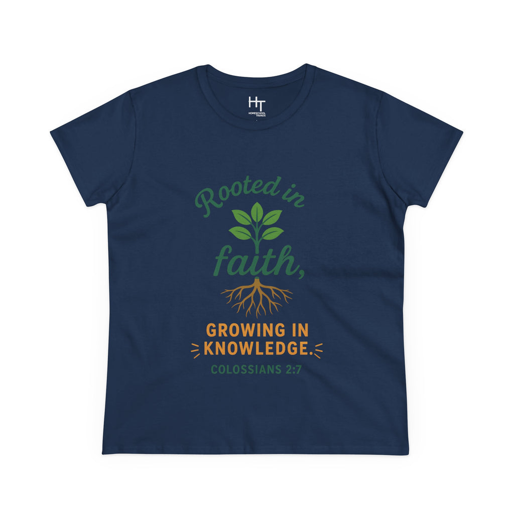 Rooted in Faith Women's Tee — "Growing in Knowledge" Colossians 2:7 Christian T-Shirt
