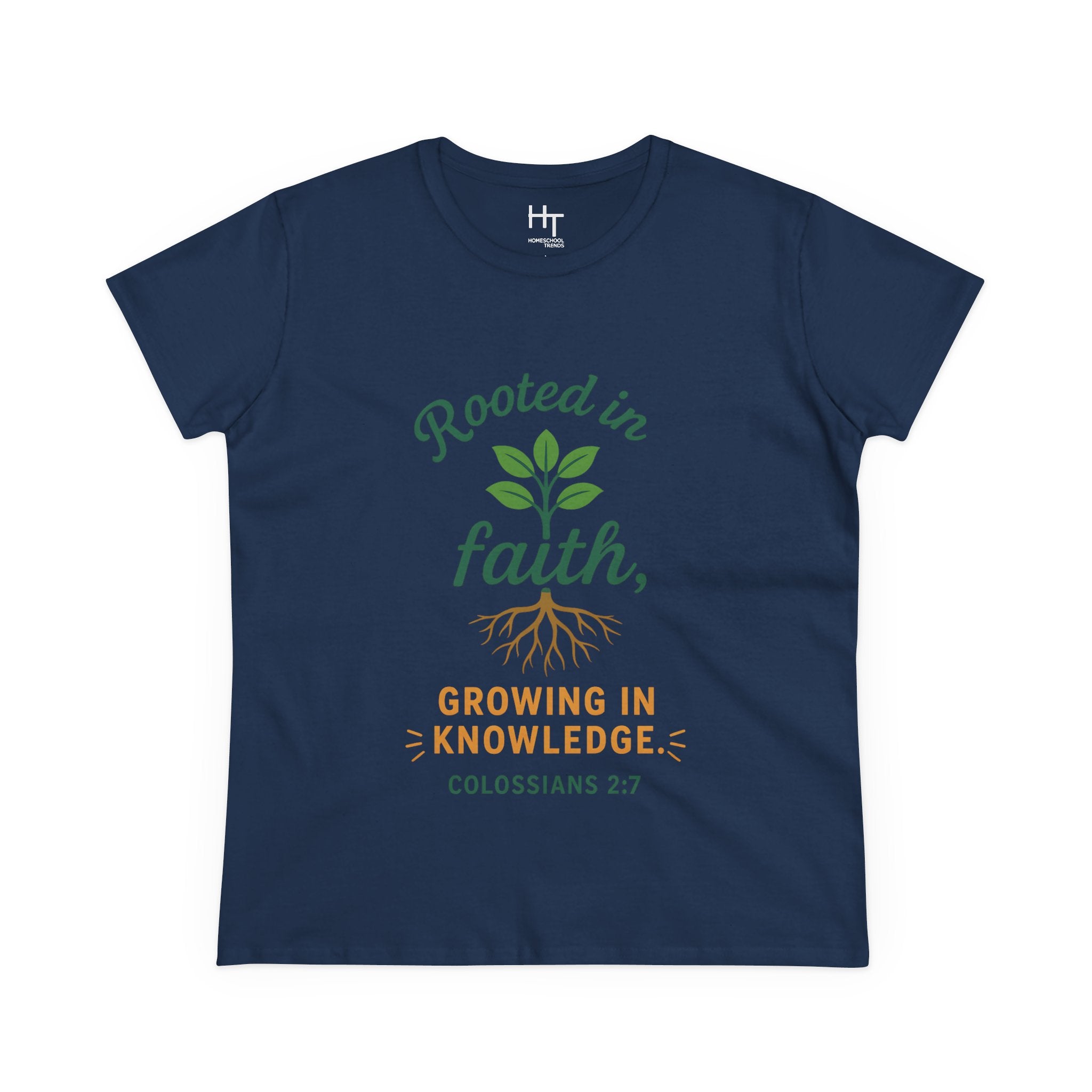 Rooted in Faith Women's Tee — "Growing in Knowledge" Colossians 2:7 Christian T-Shirt