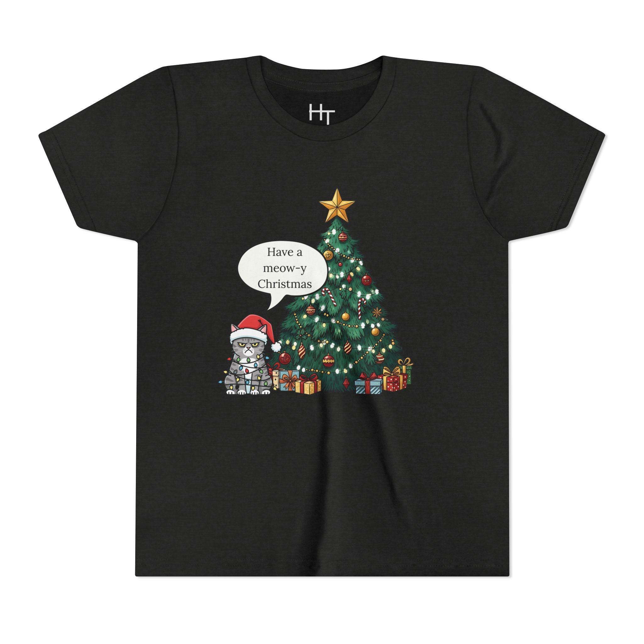 Youth Tee — "Have a Meowy Christmas" Cat & Christmas Tree Holiday Shirt