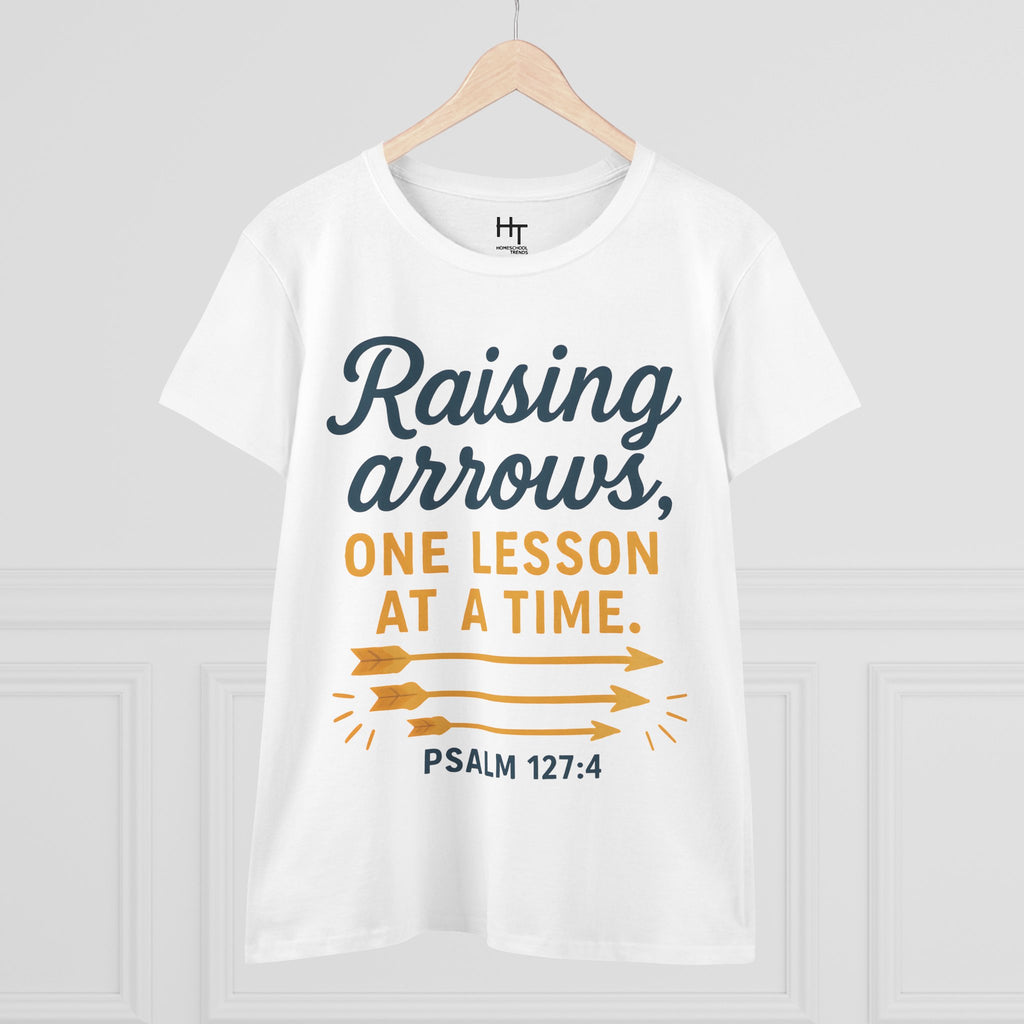 Raising Arrows T-Shirt — "Raising arrows, one lesson at a time. Psalm 127:4" Faith Mom Tee