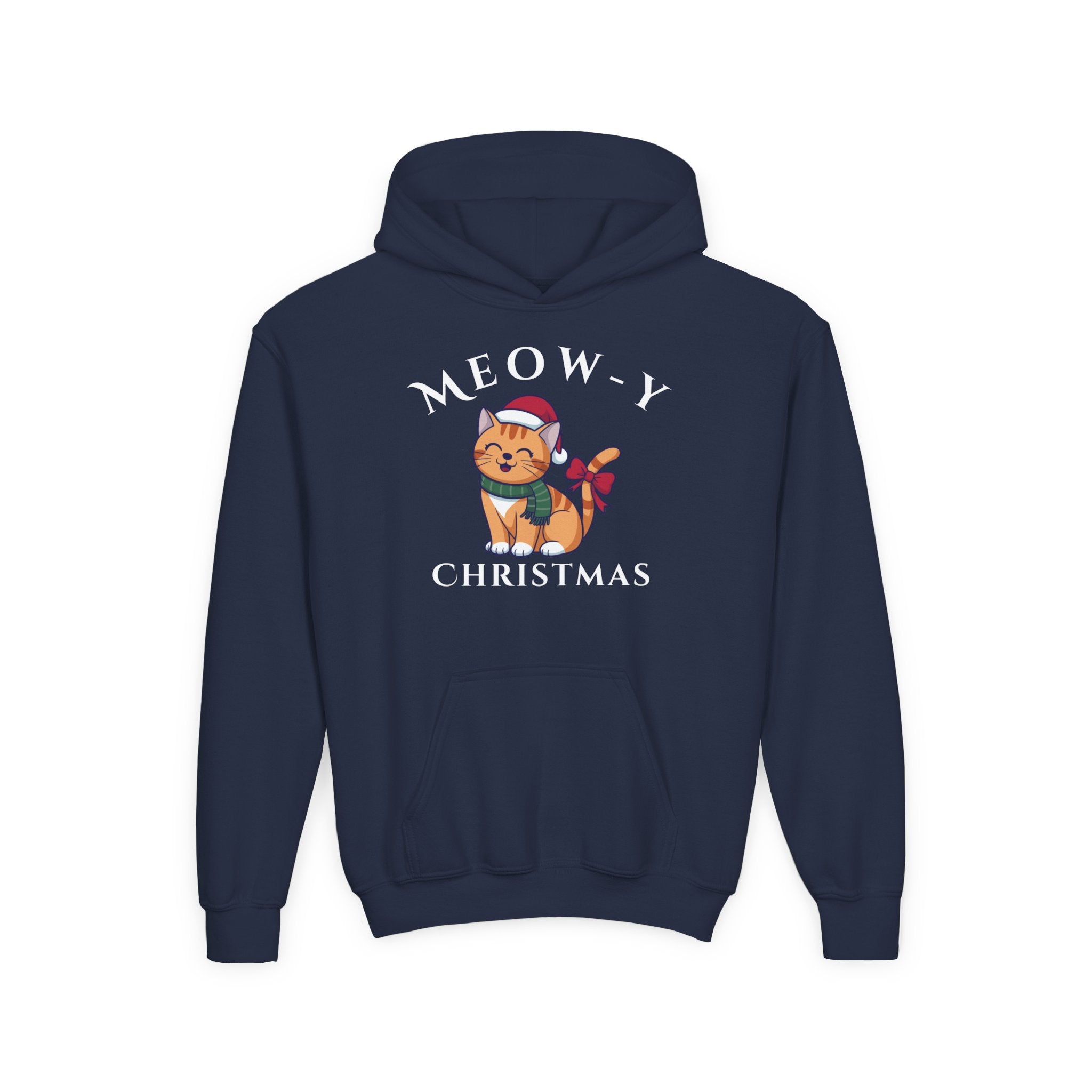 Meowy Christmas Youth Hoodie — Cute Cat Santa Holiday Sweatshirt