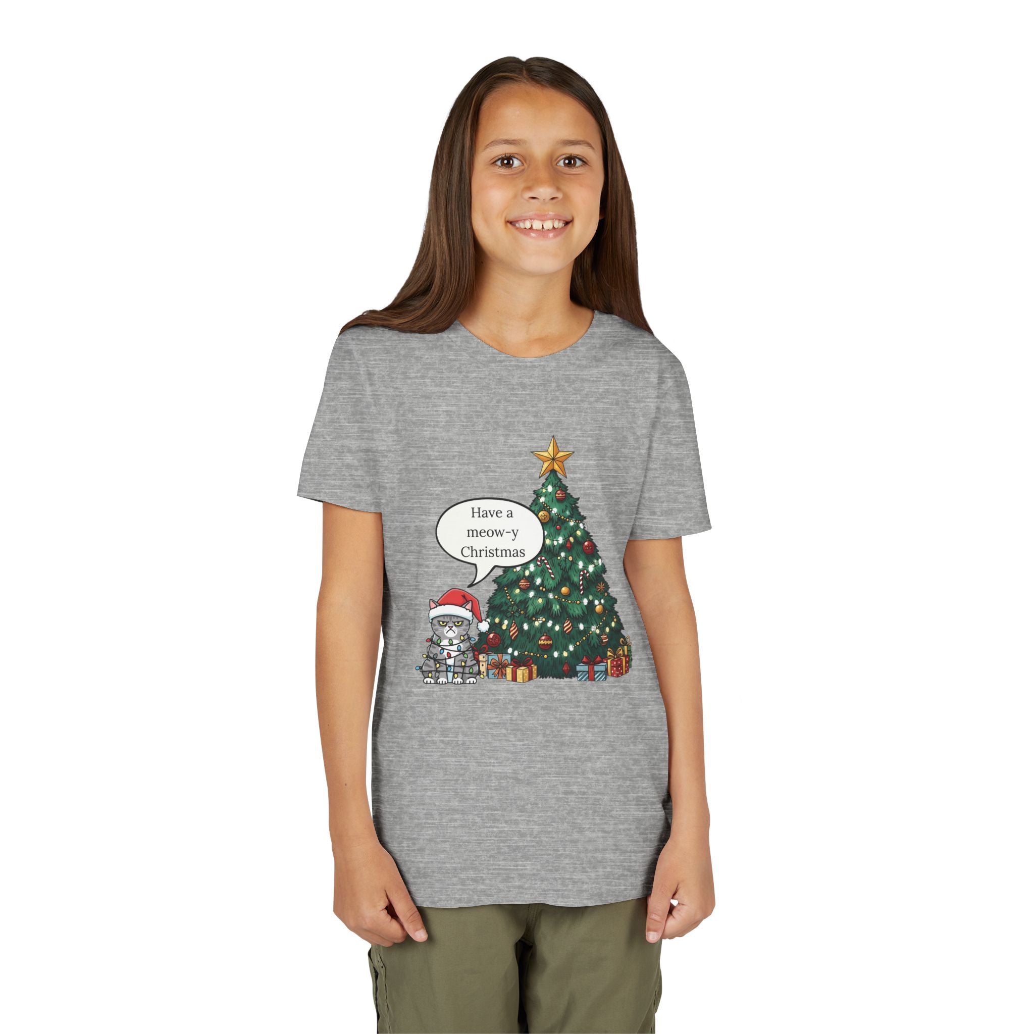 Youth Tee — "Have a Meowy Christmas" Cat & Christmas Tree Holiday Shirt