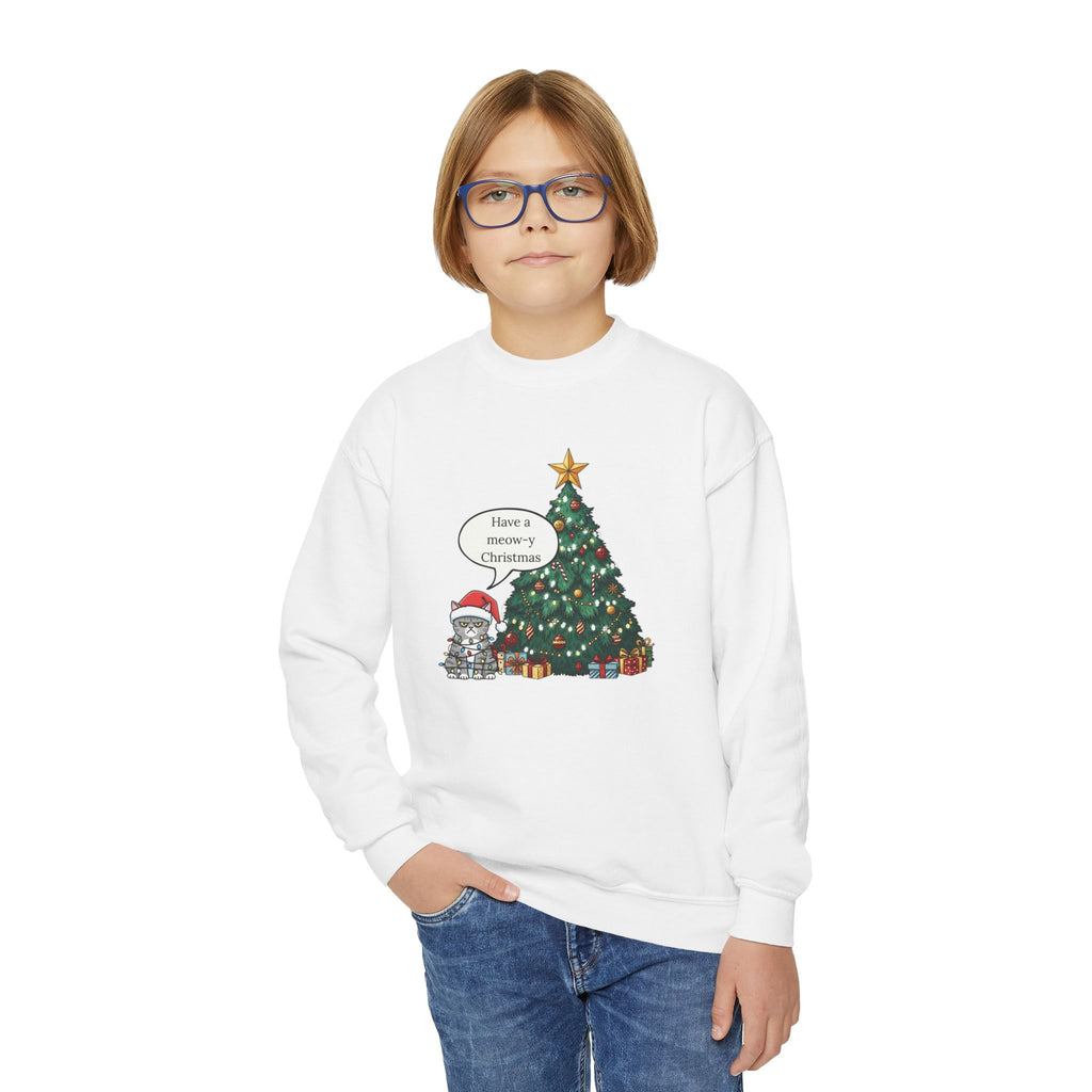 Youth Sweatshirt — Cute Kitty in Santa Hat Next to Decorated Christmas Tree (“Have a Meowy Christmas”)