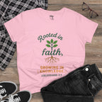 Rooted in Faith Women's Tee — "Growing in Knowledge" Colossians 2:7 Christian T-Shirt