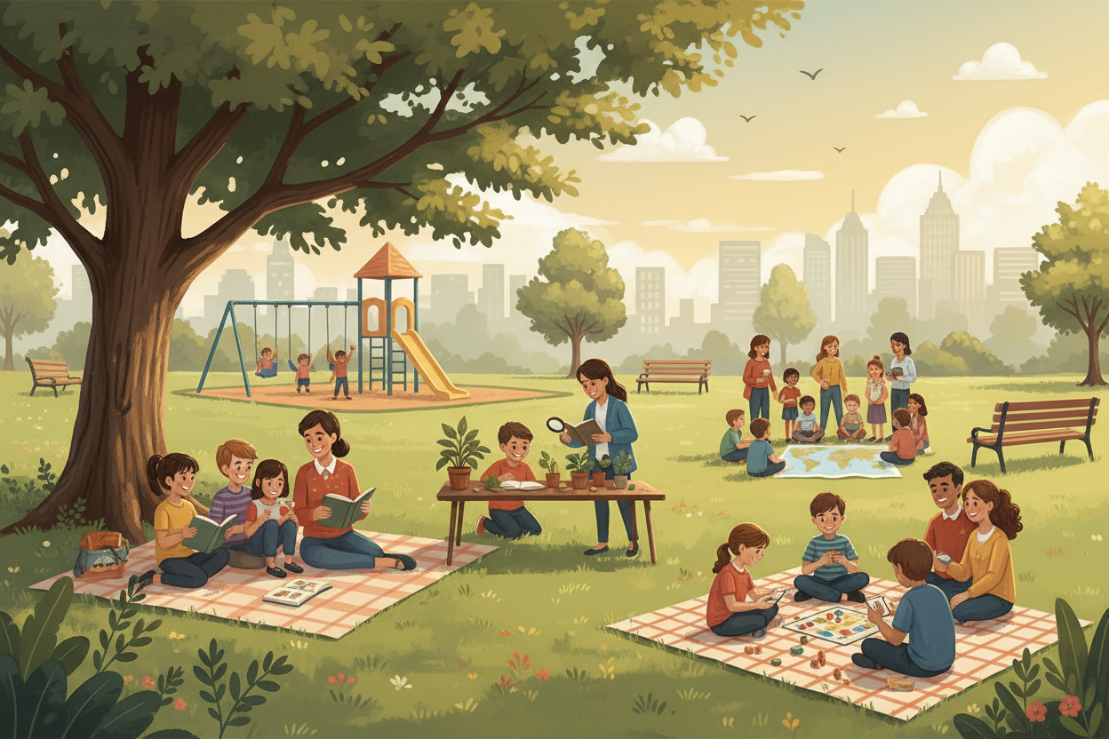 generate an image of homeschool families gathered in a city park to learn and play together. The image should not be photo-realistic.